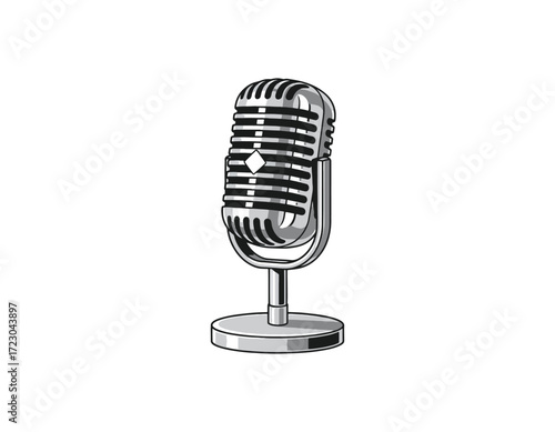 Classic silver microphone on a stand, an iconic symbol of entertainment, podcasting, and live performances, perfect for various media projects