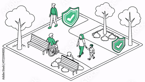 Isometric Illustration of a Safe Park with People Benches and Protective Shields
