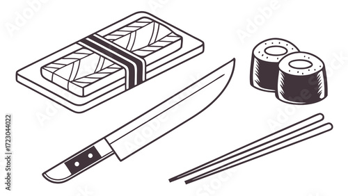 Monochrome Japanese Sushi Set with Knife Chopsticks and Prepared Ingredients