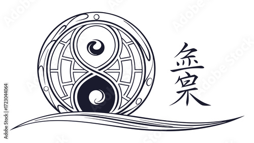 Ornate Yin Yang Symbol with Intricate Design and Eastern Calligraphy