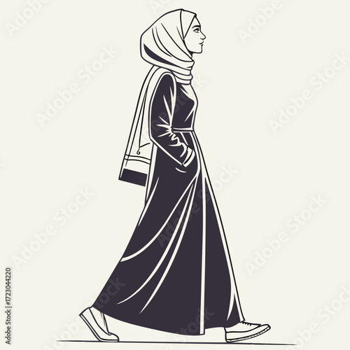 Silhouette of a Woman in Hijab Walking Confidently in Profile