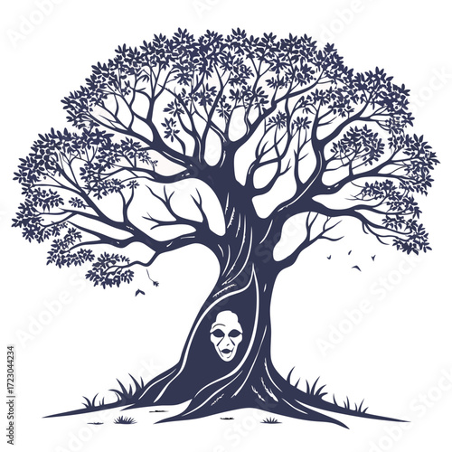 Silhouette of a gnarled tree with a face carved into its trunk