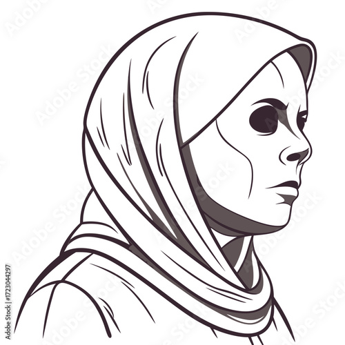 Stylized hooded figure with dark eye sockets in profile view