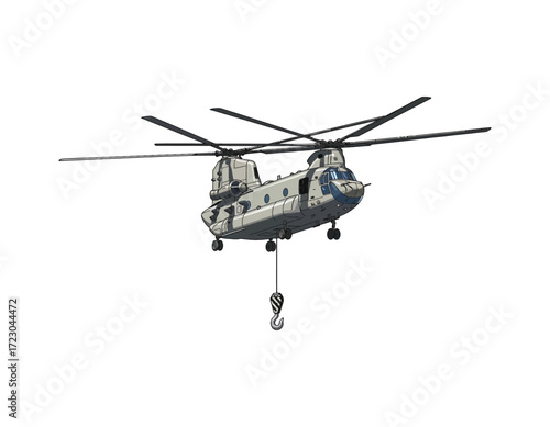 Detailed vector illustration of a heavy-lift tandem rotor military transport helicopter with a cargo hook, isolated on a white background. Army aviation and air transport vehicle clipart
