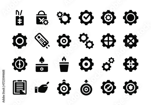 Collection of black gear icons and related symbols, representing settings, mechanics, and processes