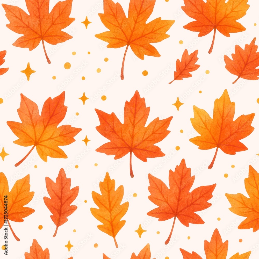 Obraz premium Vibrant maple leaves in shades of orange create seamless pattern, evoking beauty of autumn. design features various leaf shapes and scattered golden accents, perfect for seasonal decor