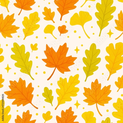 Vibrant autumn leaf seamless pattern featuring various shapes and colors, including orange, yellow, and green leaves, creating cheerful and warm atmosphere