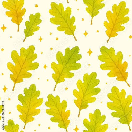 Bright and cheerful oak leaf seamless pattern featuring various shades of green and yellow leaves on light background, creating lively and fresh atmosphere