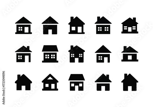Collection of simple black house icons on a, representing various architectural styles and home designs