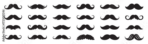 Mustache silhouette icon set, black curled mustache shapes, vintage facial hair vector pack, minimal grooming illustration, cad drawing flat design