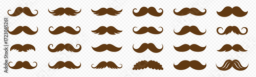 Mustache silhouette icon set, black curled mustache shapes, vintage facial hair vector pack, minimal grooming illustration, cad drawing flat design