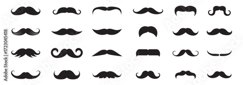 Mustache Silhouette Icons Set. Beard and Facial Hair Vector Illustration Isolated on White Background