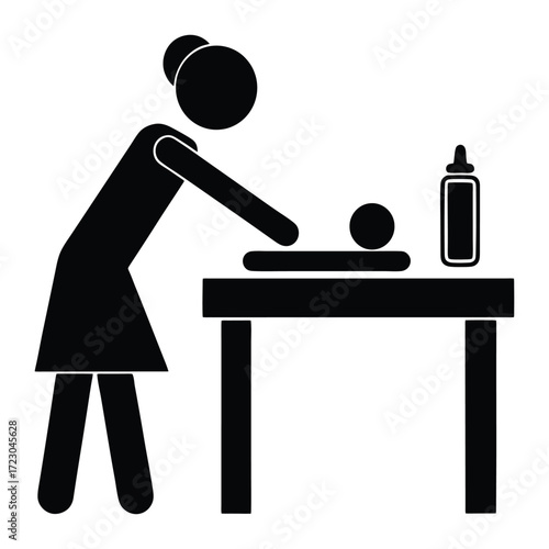 Parental care icon a parent attending to a baby on a changing table with lotion 