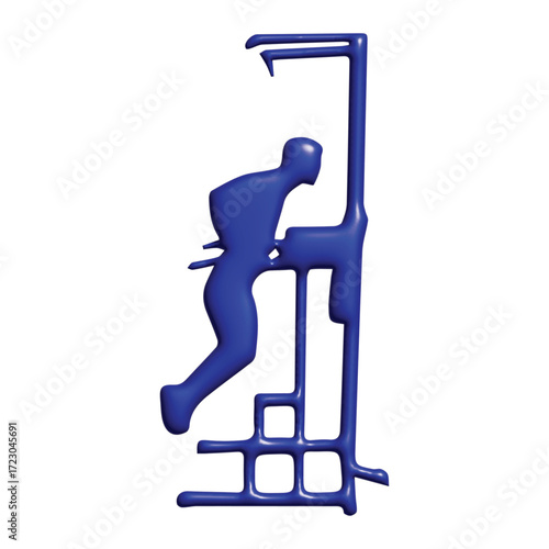Abstract blue three-dimensional icon of a stylized figure pushing industrial equipment. A symbolic representation of labor, manufacturing, and effort