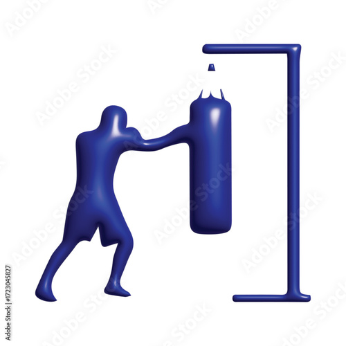 Abstract blue figure of a boxer in action, punching a heavy bag. 3D vector illustration for gym workouts and combat sports