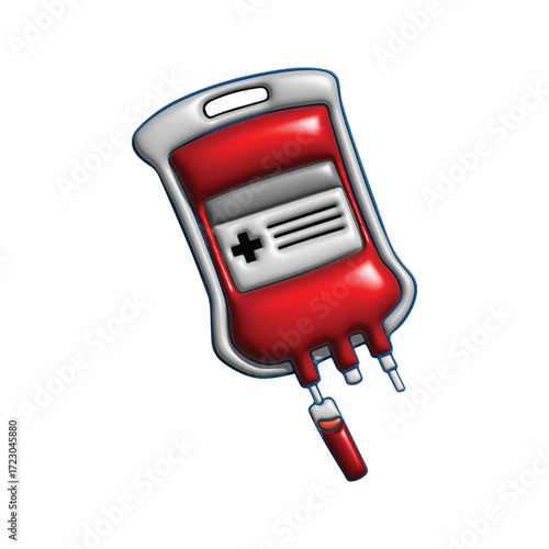 Vibrant 3D graphic of a blood bag and intravenous drip, representing essential medical care, health, and critical life-saving blood donations for medical facilities and patients