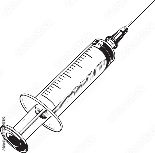 Syringe for Shot injection Hand-drawn Vector Illustration, Sketch Drawing Doodle Line Linear Symbol Icon Engraving Coloring Book, Black and White Isolated