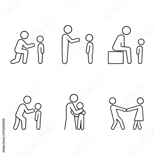 Parenting and childcare icons showing interaction nurturing support bonding and discipline 