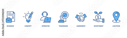Franchise banner web icon vector illustration with icon of business, concept, operator, trademark, agreement, investment, and location