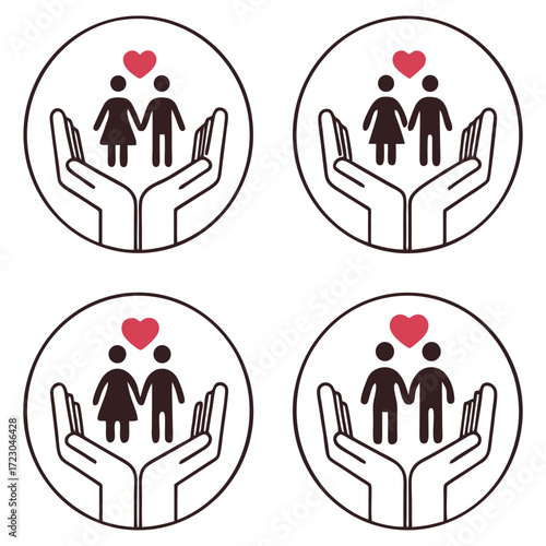 Diverse couple care icons symbolizing love support parenting and family bonds 