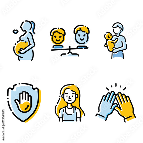 Modern parenting and childcare icons set showing family life and support concepts