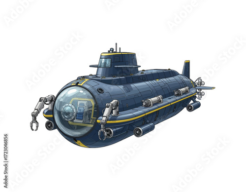 Detailed illustration of a submarine with articulated arms, showcasing exploration and technological innovation in aquatic environments