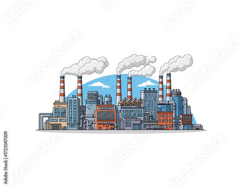 Detailed vector illustration of a sprawling industrial factory complex with towering smokestacks emitting smoke, symbolizing manufacturing, energy production, and environmental pollution concepts