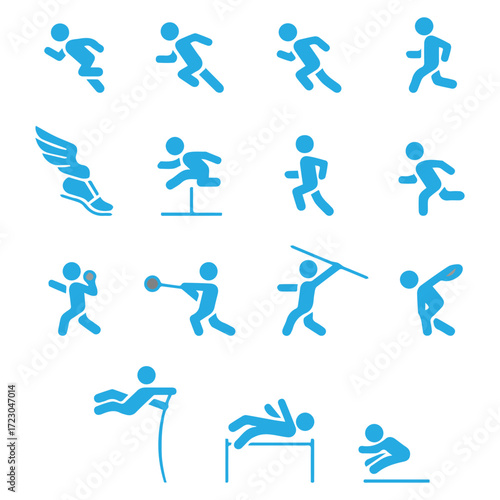 Blue icon set of athletes competing in track and field sporting events