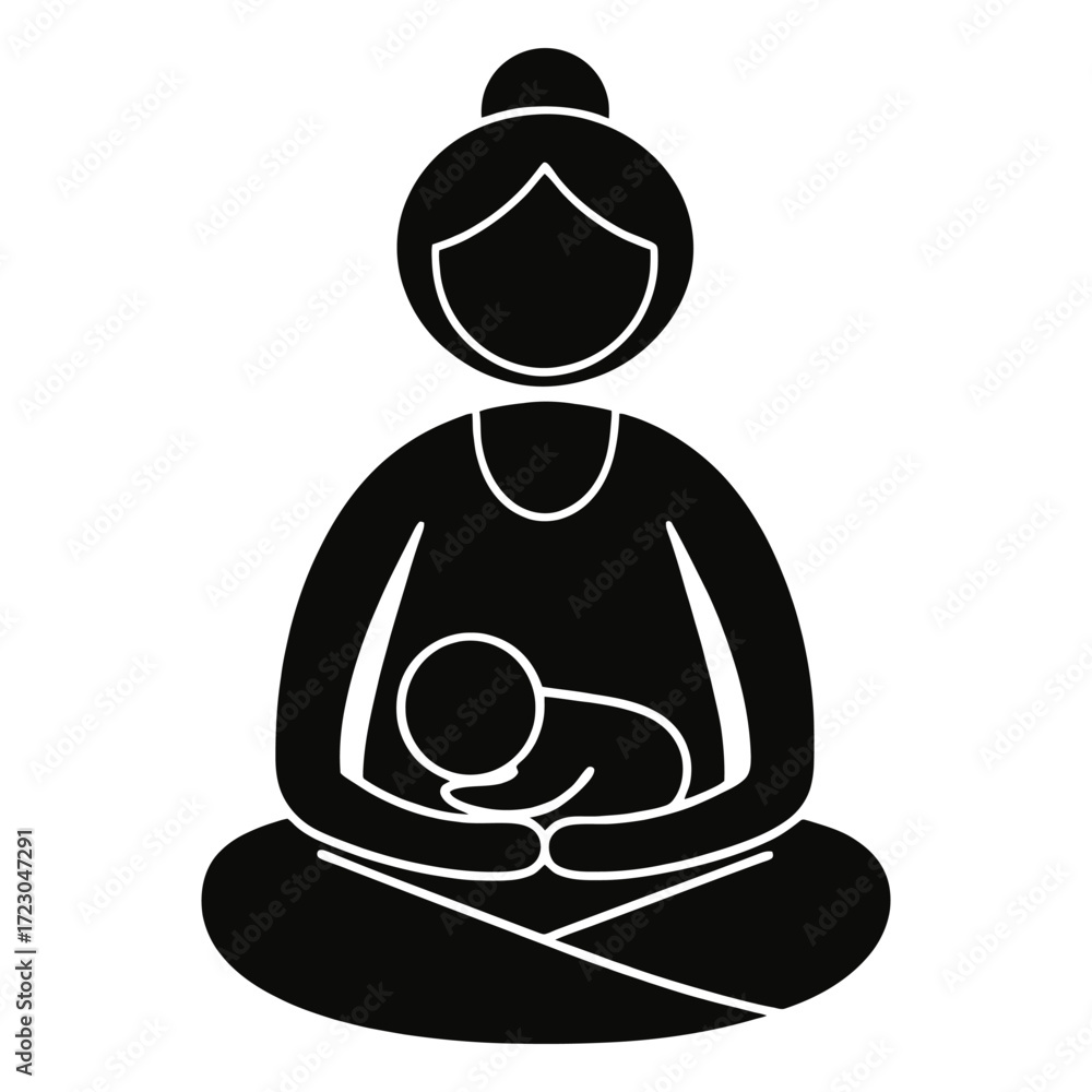 Naklejka premium Stylized silhouette icon of mother breastfeeding baby in lotus pose family care