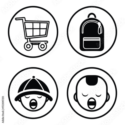 Parenting and childcare icons shopping backpack baby boy and girl faces in circles 