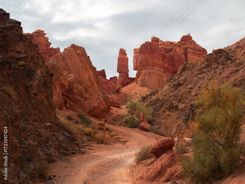 Vivid red rock canyon in Central Asian mountains, displaying nature's powerful artistry