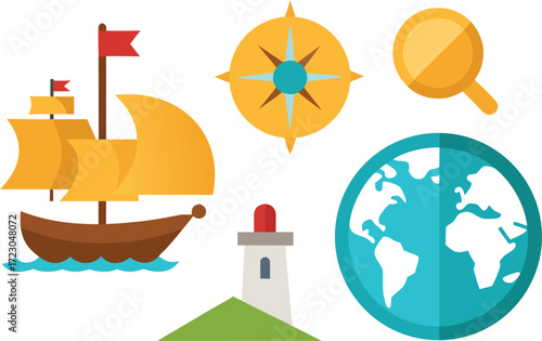 Columbus day vector bundle featuring ships compass map globe and lighthouse illustrations vector