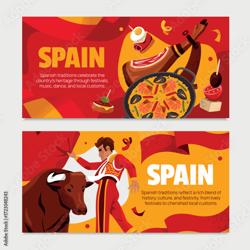 Flat Hand Drawn Spanish Fiesta and Cultural Heritage Horizontal Banner Collection