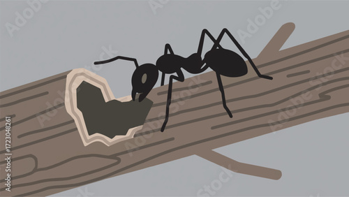 Illustration Of Large Black Ants Coming In And Out Of Their Nest In A Rotten Tree Trunk Vector Design Template
