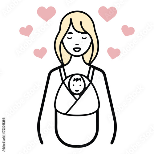 Happy mother carrying baby in sling surrounded by hearts symbolizing love and care