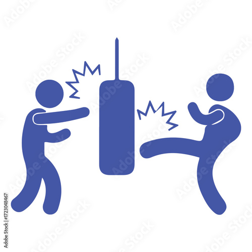 Two stylized figures engaged in a dynamic martial arts training session, one punching and the other kicking a heavy bag, representing combat sports and fitness