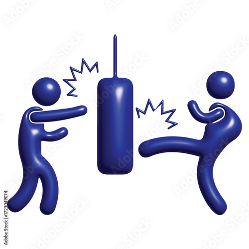 Two stylized figures in blue, one punching and the other kicking, engage in combat with a punching bag, symbolizing martial arts and physical training
