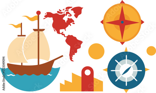 Columbus day ships compass map vector illustration eps scalable icon bundle vector