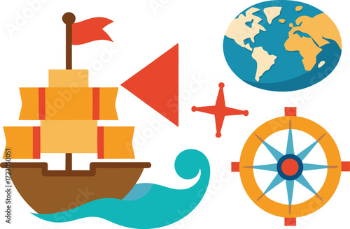 Columbus day illustration bundle vector ships compass map globe icons for eps download vector