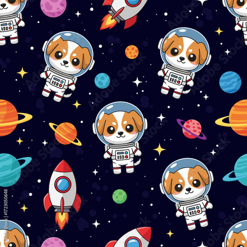 Charming space pattern cartoon dogs in astronaut suits rockets and planets Great for kids designs