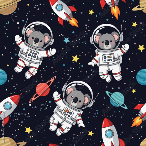 Cute koala astronauts exploring space among planets rockets and stars Fun cosmic adventure for kids