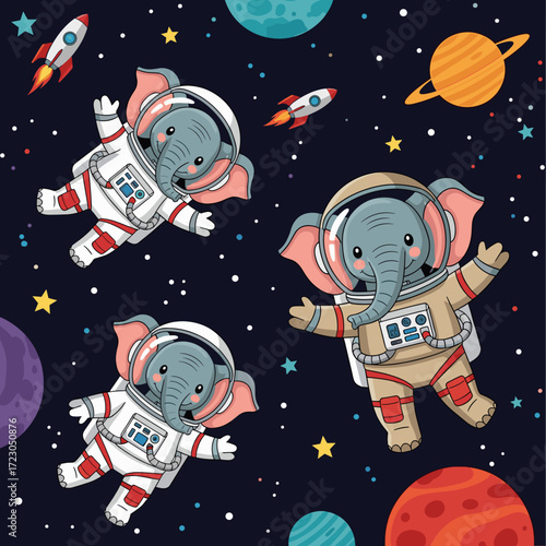 Adorable cartoon elephants in astronaut suits float in space with planets and rockets evoking childhood wonder