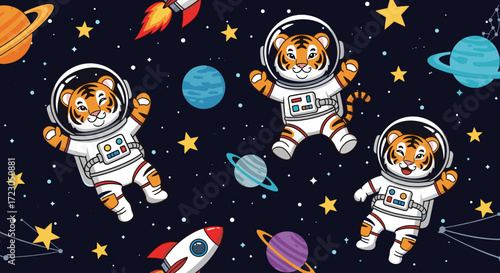 Cute cartoon tigers in astronaut suits floating among planets and stars in space Fun cosmic adventure