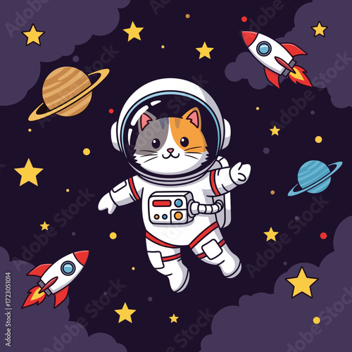 Cute cat astronaut floating in space with rockets planets and stars Perfect for kids designs
