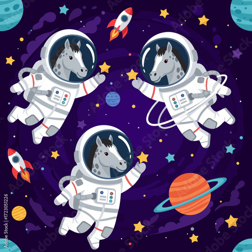 Whimsical horse astronauts floating in vibrant outer space reaching for bright stars and planets