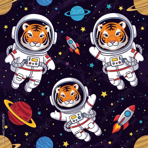 Cute cartoon tigers in astronaut suits floating in space with planets and rockets perfect for kids