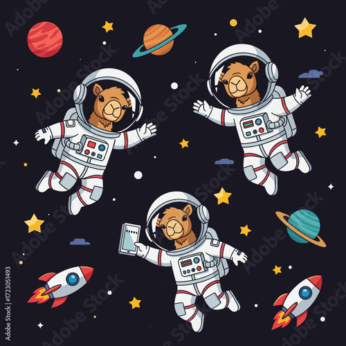 Cartoon camels in astronaut suits float in space with planets stars and rockets Fun space adventure