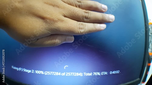 Natural wide angle concept video without monitor screen stabilization showing storage drive repair and showing the percentage of repair progress