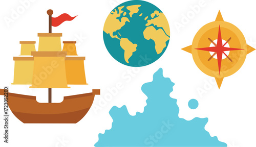 Columbus day elements bundle vector illustration ships compass map globe scalable eps vector