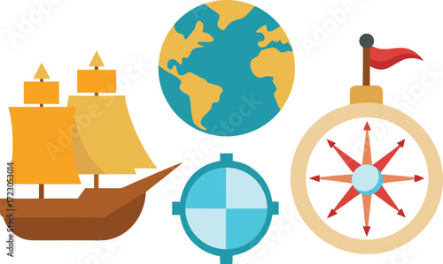 Columbus day ships compass map globe vector illustration elements bundle vector